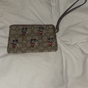 Coach Brown Signature Canvas Wristlet with Mickey Embroidery